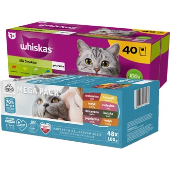 Krmivo pro kočku Whiskas výběrové menu v želé 40 x 85 g + Frendi sáčky pro kočky s masovou příchutí v omáčce 48x100g