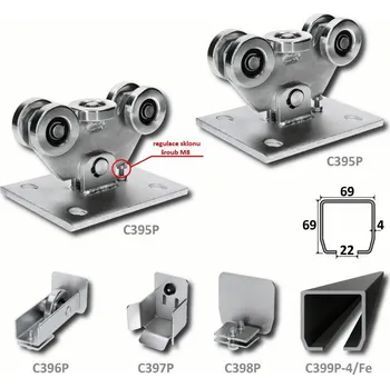 Pohon brány sada pro nesenou bránu C Set Piccolo/Fe - sada kování na posuvné samonosné brány šířky otvoru, C profil černý 69 x 69 x 4 mm, kapsa, kolo, 2 x vozík