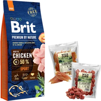 Krmivo pro psa BRIT Premium By Nature Sport 15kg + WILD FARM pamlsky pro psy 2x500g