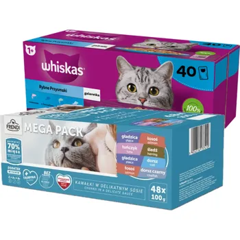 Krmivo pro kočku WHISKAS Adult sáčky 40 x 85 g Fishy Treats - vlhké krmivo pro dospělé kočky v želé (kousky s: lososem, tuňákem, treskou, bílou rybou) + Frendi sáčky pro kočky s rybími příchutěmi v omáčce 48x100g