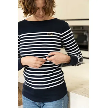 Těhotenský svetr Těhotenský a kojicí svetr Benodet 3v1 – námořnický styl, bio bavlna, tmavě modrý s bílými proužky Velikost: XL