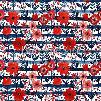 Úplet, Červené květy, modré pruhy (E) (Top kvalitní úplet Bella digitisk)
