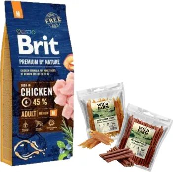 Krmivo pro psa BRIT Premium By Nature Adult M 8kg + WILD FARM pamlsky pro psy 2x500g