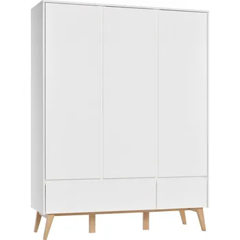 Šatní skříň Velká a prostorná skříň s dveřmi a zásuvkami do dětského pokoje Swing. - Pinio Bílá / Přírodní Bukové Dřevo 148.9x199.5 cm