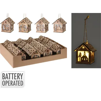 Vánoční dekorace dekorace DOMEK 9cm LED závěsný dřev.mix