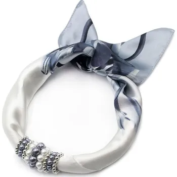 Šátek Šátek s bižuterií Letuška - bílo-šedý s potiskem