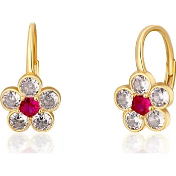 Náušnice Moonlit Dětské náušnice ve tvaru kytičky s červeným a čirými zirkony pozlacené