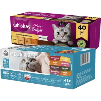 Krmivo pro kočku WHISKAS Adult sáčky 40 x 85 g Drůbeží hranolky - vlhké krmivo pro dospělé kočky, v želé (kousky s: kuřecím, krůtím, drůbežím, kachním) + Frendi sáčky pro kočky s masovou příchutí v omáčce 48x100g
