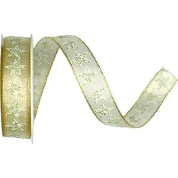 Stuha Vánoční stuha Golden Star Whisper průsvitná 15mm x 2m (9,-Kč/m) (Taftová stuha, průsvitná, oboustranná, okraje obšité zlatou nití, s vlascem v lemu)