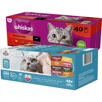 Krmivo pro kočku Whiskas Klasické pokrmy kuře hovězí jehně drůbež ve šťávě 40 x 85 g + Frendi sáčky pro kočky s masovou příchutí v omáčce 48x100g