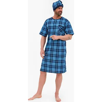 Pánské pyžamo Pánská noční košile a noční čepice Alex modré káro M - Dárková krabička