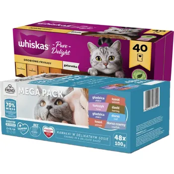 Krmivo pro kočku WHISKAS Adult sáčky 40 x 85 g Drůbeží hranolky - vlhké krmivo pro dospělé kočky, v želé (kousky s: kuřecím, krůtím, drůbežím, kachním) + Frendi sáčky pro kočky s rybími příchutěmi v omáčce 48x100g