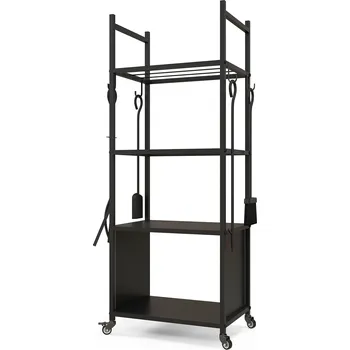 Outsunny regál na palivové dřevo 45 x 30 x 118 cm regál na palivové dřevo s kolečky, 4 police, regál na palivové dřevo pro venkovní použití, vnitřní použití, do 60 kg, kov, černý