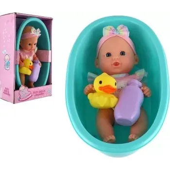 Teddies miminko 26 cm pevné tělo plast s vaničkou s doplňky v krabici 20x33x10cm