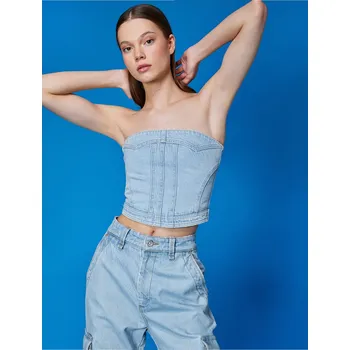 Koton bezramínkový denimový top Koton světle modrá 2074612