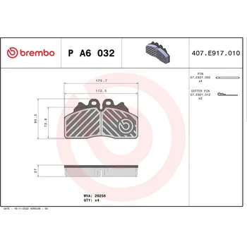 Brzdová destička Sada brzdových destiček, kotoučová brzda BREMBO P A6 032