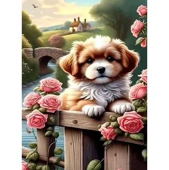 Diamantové malování Diamantové malování/Homfun - Pejsek v růžích + perleťové kamínky NOVINKA