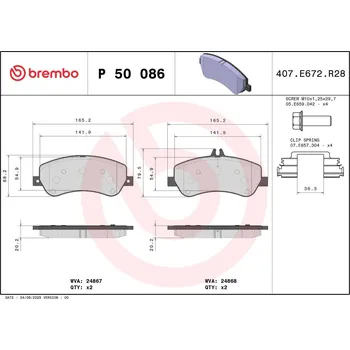 Brzdová destička Sada brzdových destiček, kotoučová brzda BREMBO P 50 086