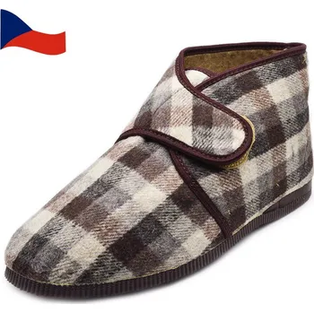 Pánské pantofle Pánské kotníkové papuče se suchým zipem PEGRES 1016 Hnědé káro vel. 42