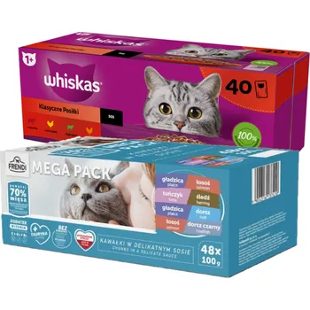 Krmivo pro kočku Whiskas Klasické pokrmy kuře hovězí jehně drůbež ve šťávě 40 x 85 g + Frendi sáčky pro kočky s rybími příchutěmi v omáčce 48x100g