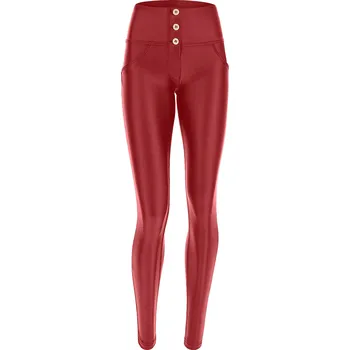 Dámské kalhoty Freddy kalhoty WR.UP koženkové červené, vysoký pas na knoflíčky, superskinny střih, eco-friendly materiál Vybraná velikost: M