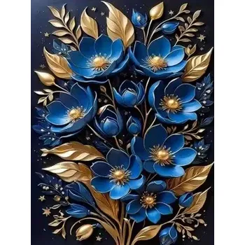Diamantové malování Diamantové malování/Homfun - Modro-zlaté květy + perleťové kamínky