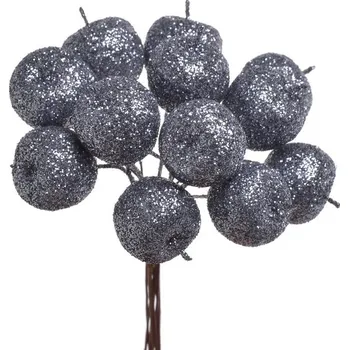umělá květina jablíčka s glittrem na drátku (12 ks) antracit
