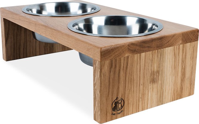 Svět Tlapky Stojan na 2 misky pro psa GASTON Dřevina nebo odstín: Buk (dřevo), Výška: 15cm (malé plemeno), Průměr miska (rozměr): miska 13cm (34 x 18cm)