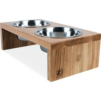 Miska pro psa Svět Tlapky Stojan na 2 misky pro psa GASTON Dřevina nebo odstín: Buk (dřevo), Výška: 15cm (malé plemeno), Průměr miska (rozměr): miska 13cm (34 x 18cm)