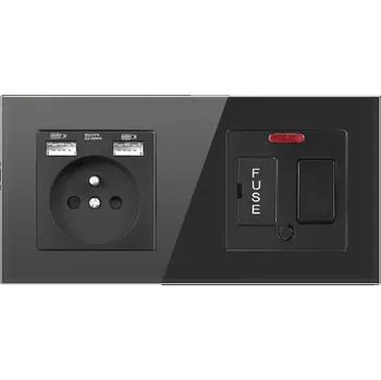 Elektrická zásuvka SRAN zásuvka 230V+2xUSB5V + vypínač s pojistkou a kontrolkou s černým skleněným rámečkem
