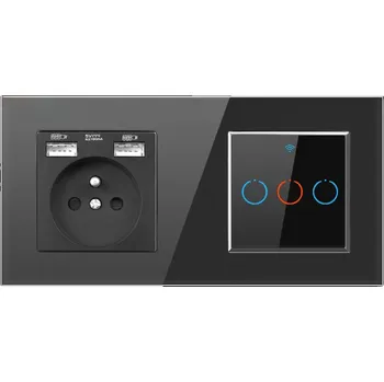 Elektrická zásuvka SRAN zásuvka 230V+2xUSB + AiWiFi trojvypínač s dvojrámečkem sklo černý