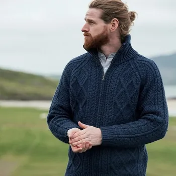 Pánský svetr Aran Woollen Mills SEÁN pánský Cardigan merino vlna - půlnoční modrá Irsko