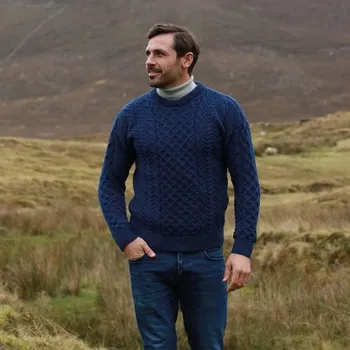 Pánský svetr Aran Woollen Mills ARAN Vlněný Svetr, Irsko pánský Pacific Blue