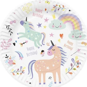 Party dekorace Folat Talířky papírové Jednorožec a duha 23 cm 8 ks