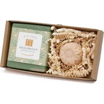 Dárkový potravinový koš Dárkový balíček s meduňkovým mýdlem a mýdlovou kytičkou