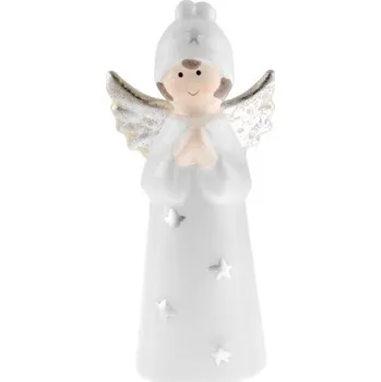 Vánoční dekorace Anděl 13cm stojící v čepici, bílý