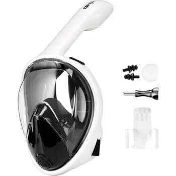Celoobličejová maska na šnorchlování S/M s ventilem, držákem na akční kameru, špunty do uší a 25,8 cm dlouhým šnorchlem černá