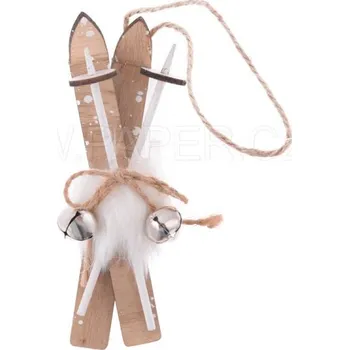 Vánoce Lyže dřevěné s bílými hůlkami a rolničky 13cm