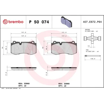 Brzdová destička Sada brzdových destiček, kotoučová brzda BREMBO P 50 074