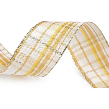 Károvaná stuha s lurexem a drátem šíře 40 mm, barva 102 béžová světlá zlatá