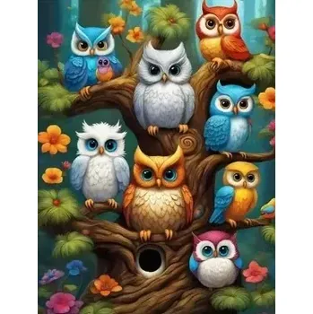 Diamantové malování Diamantové malování/Homfun - Barevné sovičky na stromě + perleťové kamínky NOVINKA