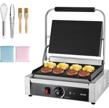 Zahradní gril VEVOR Komerční panini gril, elektrický sendvičovač panini s výkonem 2200 W, nerezový sendvičový lis s rukojetí a regulací teploty, plochý smaltovaný talíř 34x23 cm, na hamburgery, steaky a slaninu