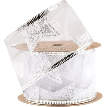 Stuha Stuha vánoční 50mmx4,5m tylová, STARS, stříbrná