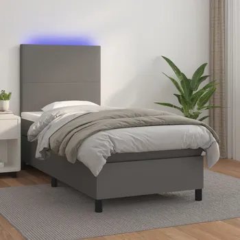 Postel vidaXL Box spring postel s matrací a LED 90x200 cm umělá kůže [3135802] Barva: Šedá