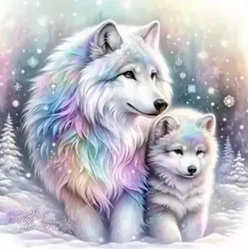 Diamantové malování Diamantové malování/Homfun - Duhoví vlci v zimě + třpytivé kamínky (30x30)