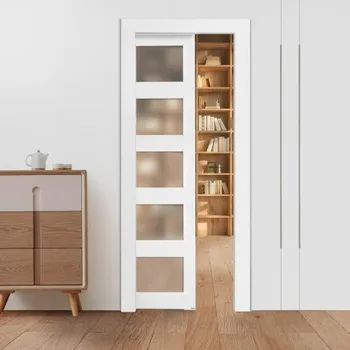 Interiérové dveře Posuvné dveře VEVOR, 765 x 2035 mm, 5-lite matné sklo, jednoduché posuvné dveře s kováním, robustní masivní dřevo a MDF, deska s vodotěsným povrchem, pro ložnici, kuchyň, pracovnu