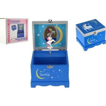 Šperkovnice Skříňka šperkovnice jednorožec hrající na natažení dřevo odklápěcí vrch modrá 12,5x10,5cm