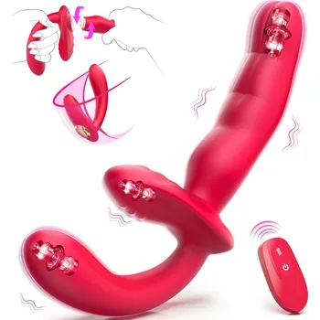 Připínací penis SuperLove 3in1 G-Spot & Clitoris Stimulating Strapless Strap-On with Remote Red