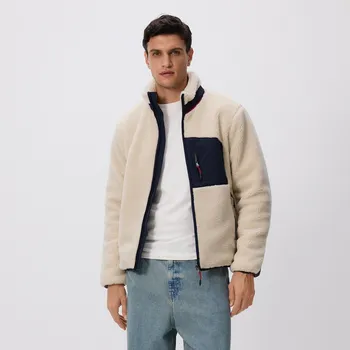 Dámský kabát Reserved - Šerpa bunda se stojáčkem - krémová - 879FS-01X - 879FS-01X-XL