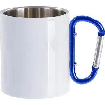 Hrnek kovový 300 ml s karabinou bílý s vlastním potiskem - Barva Modrá